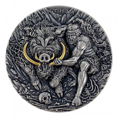 Niue Island ERYMANTHIAN BOAR series TWELVE LABOURS OF HERCULES $5 Silver Coin 2020 Antique finish Ultra High Relief Gold plated 2 oz